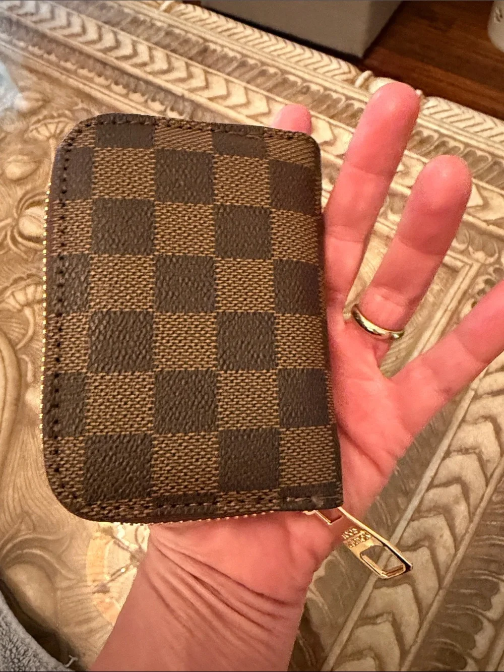 Light and dark brown checkered Damier Zip Card Holder with Gold Hardware